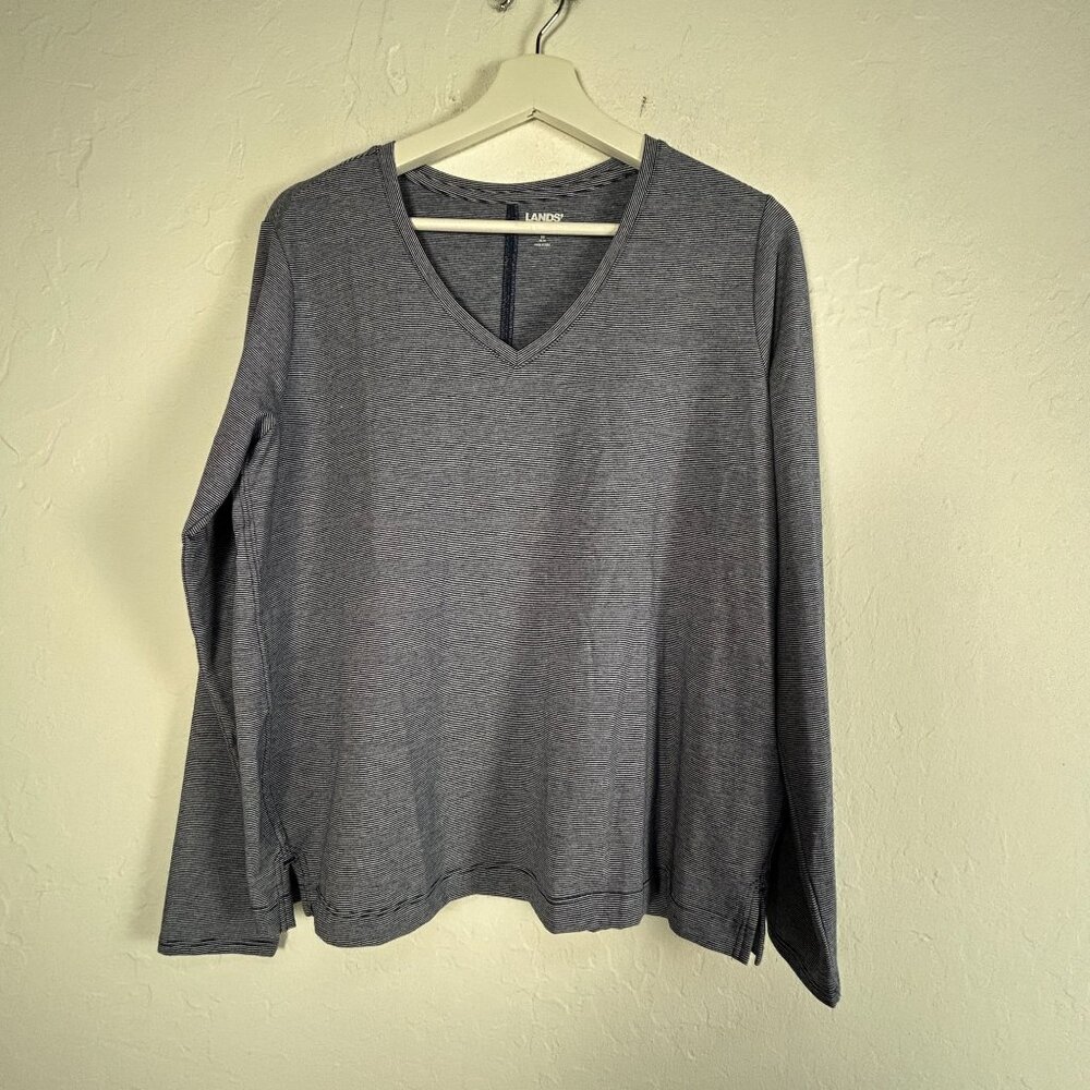 Lands' End Womens Blue Pinstripe V-Neck Long Sleeve Top Medium 10-12 Stretch